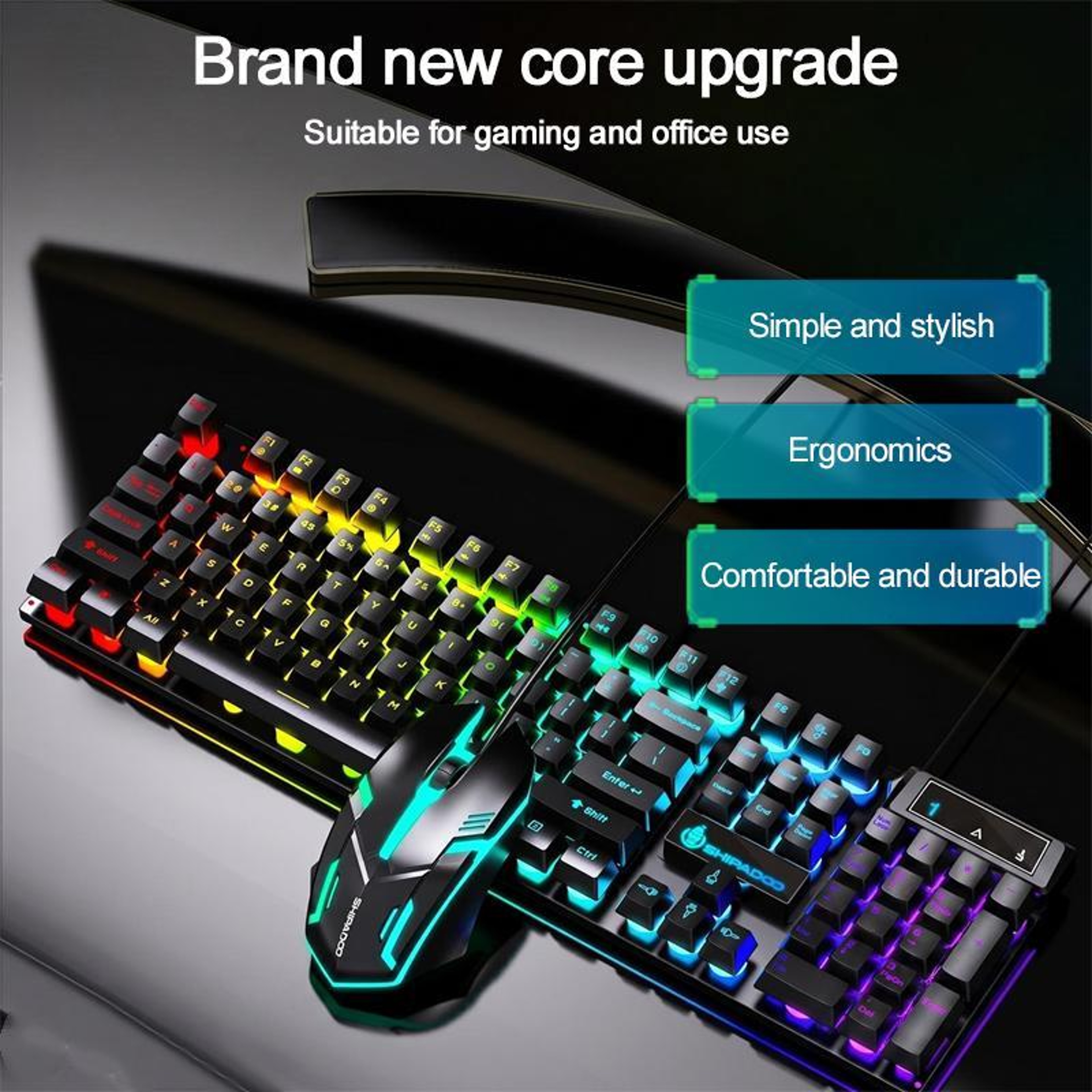 USB Wired Keyboard with Rainbow Backlight and Floating Square Keycaps – view 3