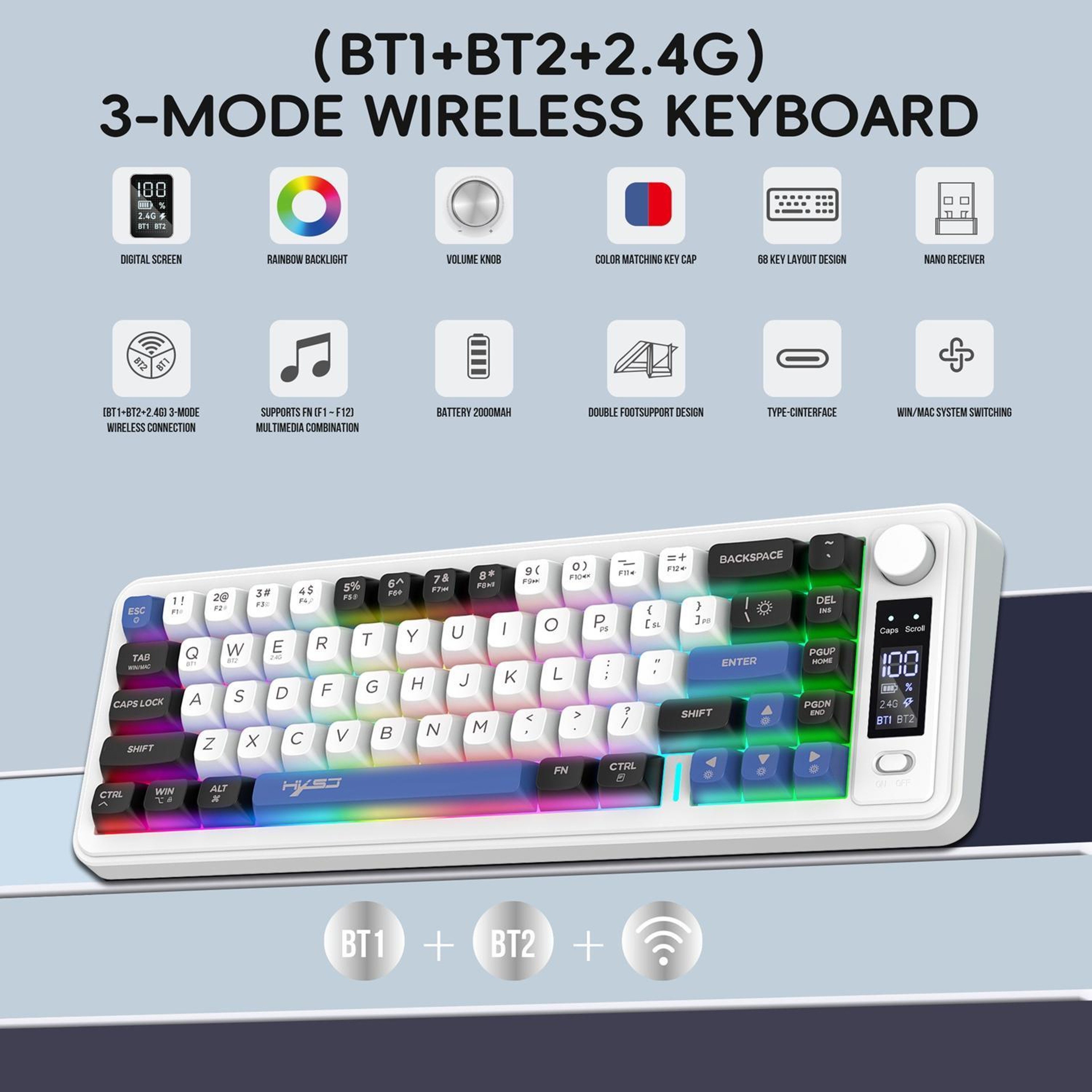 68-Key Wireless Keyboard with Rainbow Backlight and Tri-Mode Connectivity – view 2