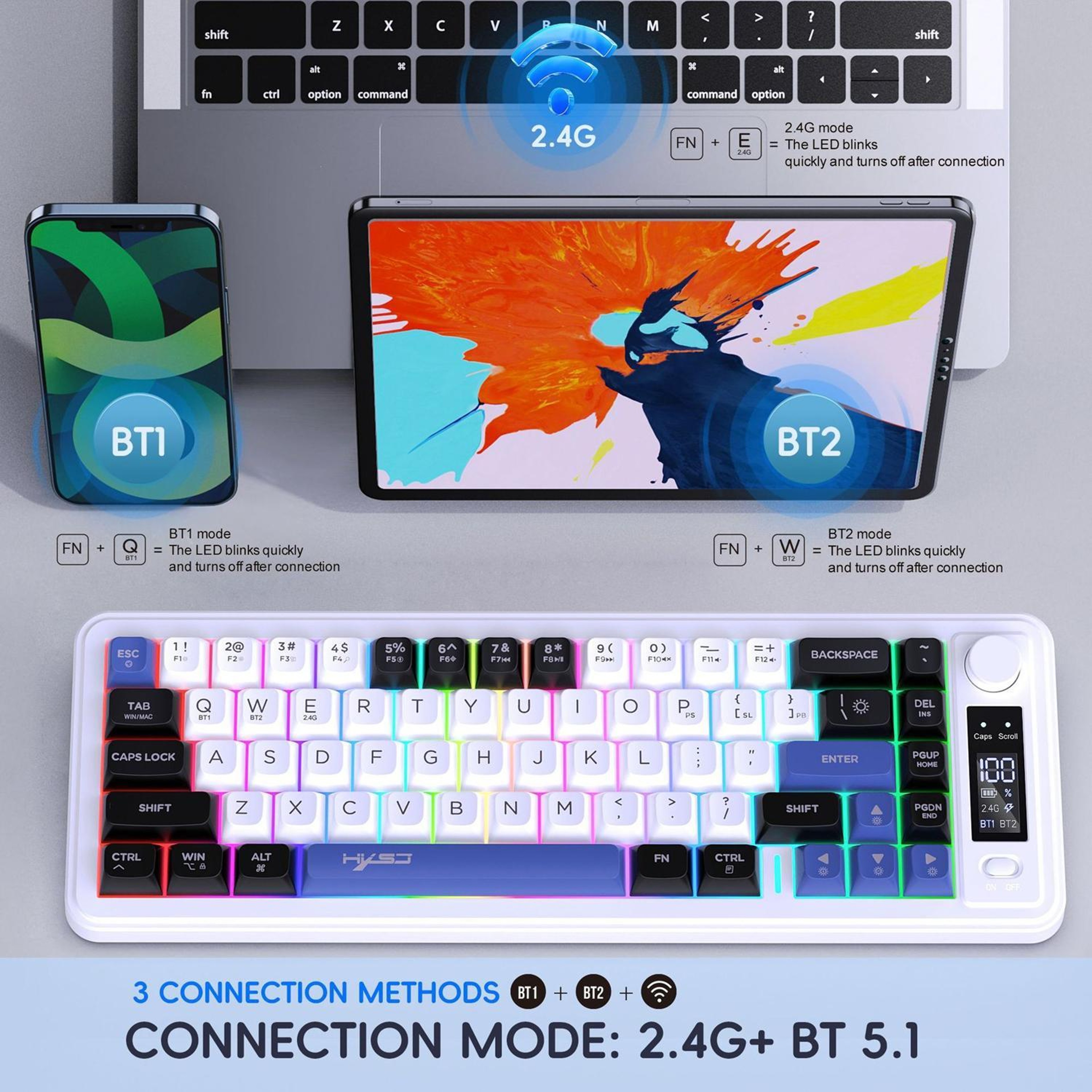 68-Key Wireless Keyboard with Rainbow Backlight and Tri-Mode Connectivity – view 3