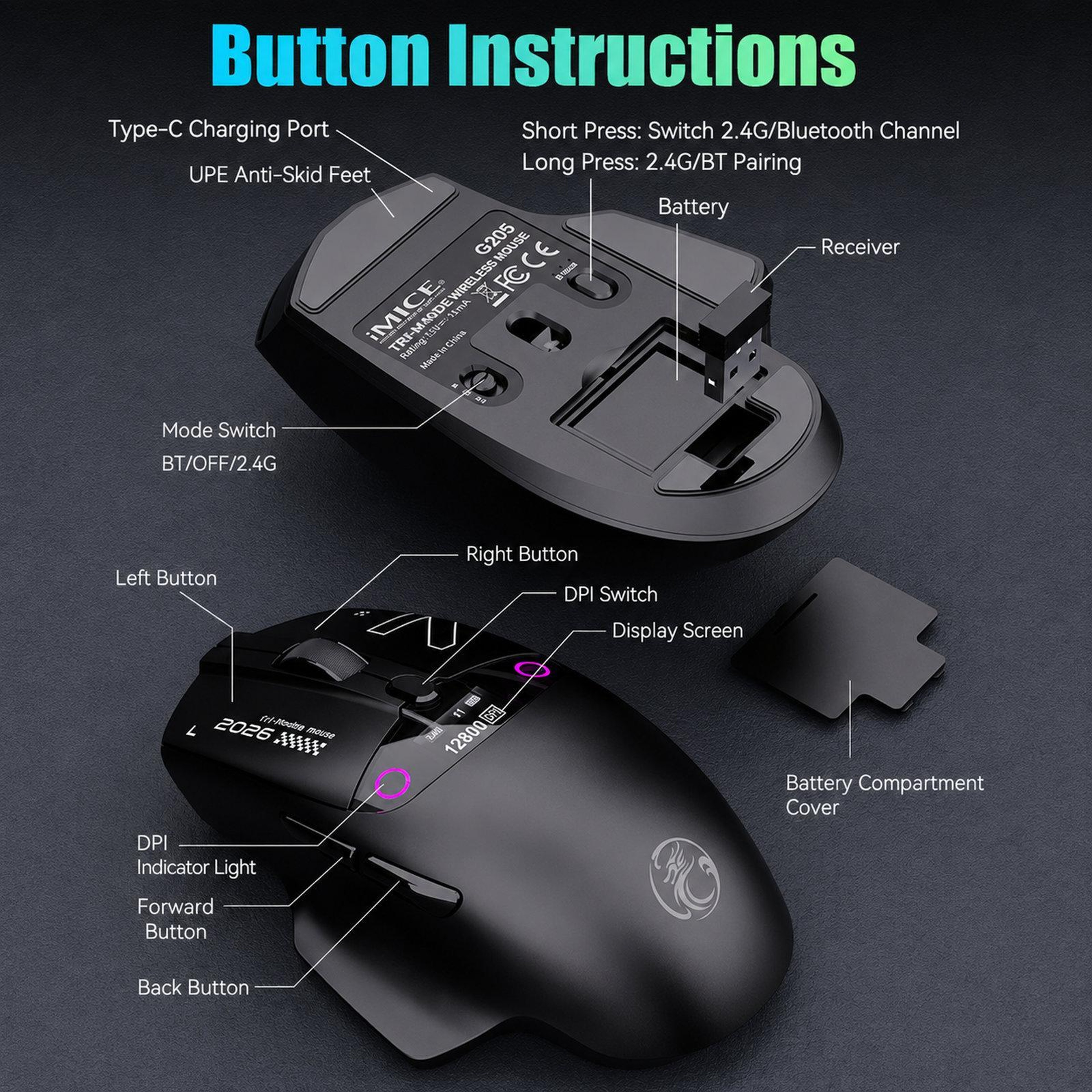 TriMode Wireless Gaming Mouse With Smart Display And 12800 DPI 10