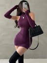 Elegant Bodycon Dress For Women High Neck Pleated Midi Cocktail Dress 0