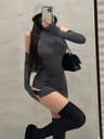 Elegant Bodycon Dress For Women High Neck Pleated Midi Cocktail Dress 4
