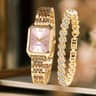 Luxury Women's Quartz Watch Set with Rhinestone Bracelet & Rectangle Roman Dial Dress Watch