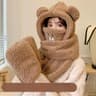 Teddy Bear Winter Hat Scarf Gloves Set Plush Hooded Neck Warmer For Women 11