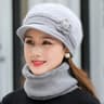 Women Winter Hat And Scarf Set Fur Lined Knitted Flower Cap 7