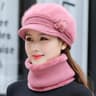 Women Winter Hat And Scarf Set Fur Lined Knitted Flower Cap 12