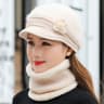 Women Winter Hat And Scarf Set Fur Lined Knitted Flower Cap 10