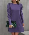 Womens ALine KneeLength Dress With Puff Sleeves And Decorative Buttons 0