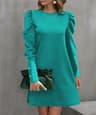 Womens ALine KneeLength Dress With Puff Sleeves And Decorative Buttons 9