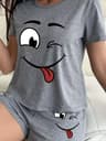 Women's Smile Face Print Pajama Set with Short Sleeve Top and Shorts