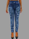Women's Faux Denim Print Leggings with Mid-Rise Waist and Ankle-Length Fit
