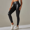 Women's High-Waisted Faux Leather Leggings with Stretchy Ankle-Length Fit
