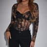 French Classic Vintage Sequin Overbust Bodysuit, Sexy Lace Square Collar, Long Sleeve V-Neck Black Onesie for Women