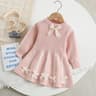 Autumn Kids Girls Princess Dress with 3D Bear Bow, Korea Style Red Spliced Sweater Dress for Toddlers