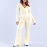 Women's 2 Piece Workout Set with Long Sleeve Deep V-Neck Top and Flared Pants
