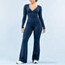 Women's 2 Piece Workout Set with Long Sleeve Deep V-Neck Top and Flared Pants
