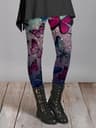 Women's Vintage Floral Print Fleece Leggings with Stretch Elastic Waist
