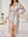 Elegant Floral Print Robe for Women, Long Sleeve Silk Loungewear, Loose Fit Breathable All Season Kimono