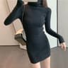 Fashion Female Long Sleeve Skinny Sweater Dress, Autumn Winter Turtleneck Casual Knitted Dress, Women Sexy Elastic
