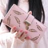 Womens Long PU Leather Wallet with Hollow Leaf Design and Zipper Closure