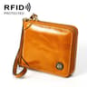 Womens RFID Genuine Oil Wax Leather Zipper Wallet with Lanyard