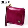 Womens RFID Genuine Oil Wax Leather Zipper Wallet with Lanyard
