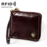 Womens RFID Genuine Oil Wax Leather Zipper Wallet with Lanyard