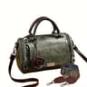 Vintage Boston Handbag Large Capacity PU Leather Satchel With Flower Pendant 7