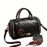 Vintage Boston Handbag Large Capacity PU Leather Satchel With Flower Pendant 8