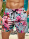 Trendy Floral Graphic Short Pants for Men, 3D Printed Hawaiian Beach Shorts Summer Fashion Vacation Oversized Swim Trunk