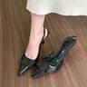 Womens Pointed Toe Slingback Heels with Square Buckle and Cross Strap Design