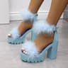 Womens Faux Fur Platform Sandals with Square Heels and Buckle Straps