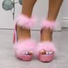 Womens Faux Fur Platform Sandals with Square Heels and Buckle Straps