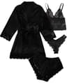Womens four Piece Lace Satin Pajama Set with Robe Cami Top and Shorts