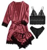 Womens four Piece Lace Satin Pajama Set with Robe Cami Top and Shorts