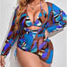Womens three Piece Printed Bikini Swimsuit Set with Sheer Gauze Beach Cover Up