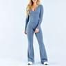 Womens DeepV Long Sleeve Top  Flare Leggings 2Piece Activewear Set 9