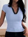 Womens Summer Color Block V Neck Polo Shirt 7