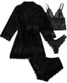Womens 4Piece Lace Satin Pajama Set With Robe Cami Top  Shorts Loungewear 10