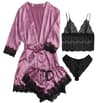 Womens 4Piece Lace Satin Pajama Set With Robe Cami Top  Shorts Loungewear 9