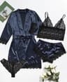 Womens 4Piece Lace Satin Pajama Set With Robe Cami Top  Shorts Loungewear 11