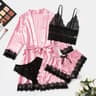 Womens 4Piece Lace Satin Pajama Set With Robe Cami Top  Shorts Loungewear 6