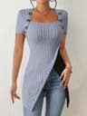 Color Block Button Womens Ribbed Top With Asymmetrical Hem For Casual Summer Style 3