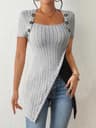 Color Block Button Womens Ribbed Top With Asymmetrical Hem For Casual Summer Style 5