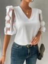 Elegant Womens V Neck Party Blouse With Sheer Puff Sleeves  Applique Details 5