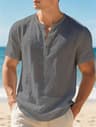 Mens Cotton Linen Henley Shirt Lightweight Breathable Casual Beach Summer Top 4