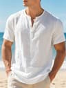 Mens Cotton Linen Henley Shirt Lightweight Breathable Casual Beach Summer Top 1
