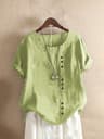 Vintage Harajuku Button T Shirt Linen Casual Short Sleeve Loose Blouse 3