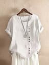 Vintage Harajuku Button T Shirt Linen Casual Short Sleeve Loose Blouse 4