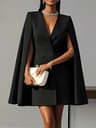 Elegant Cape Sleeve Blazer Dress Double Breasted V Neck Office Party Dress